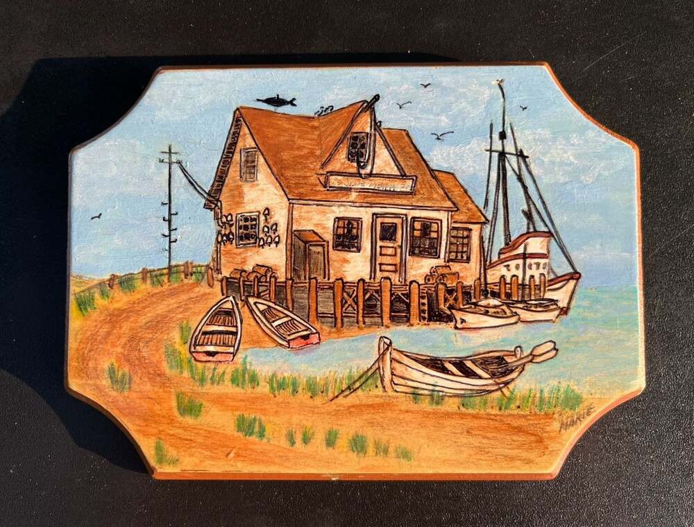 Vintage Hand-Painted Nautical Stilt House on Wood Plaque